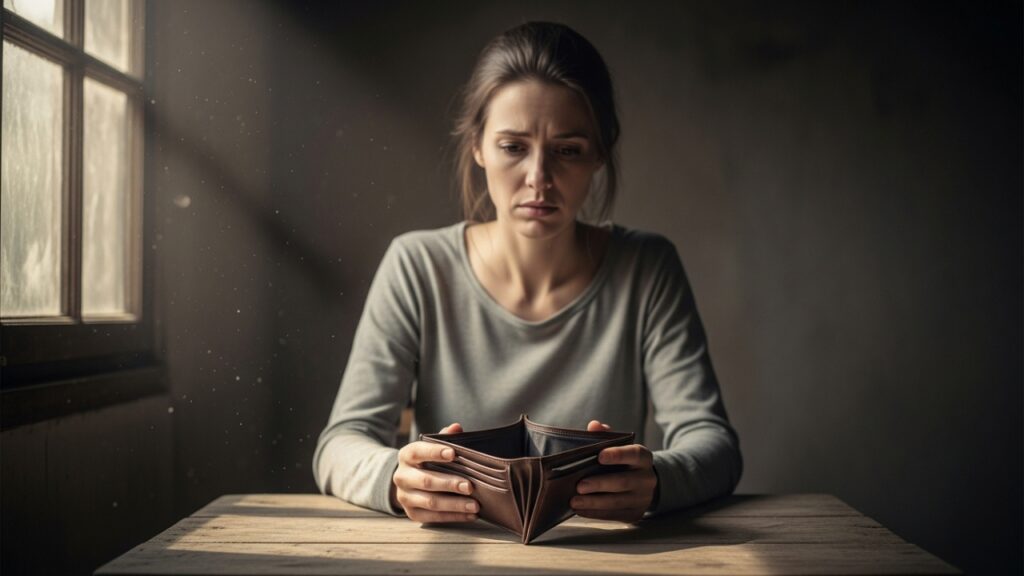 Mulher abrindo a carteira vazia