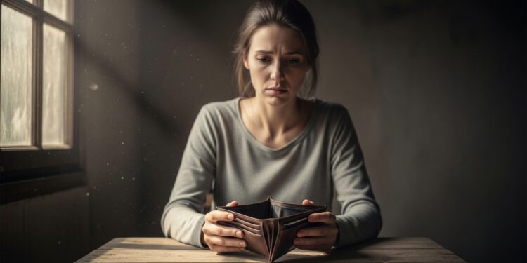 Mulher abrindo a carteira vazia