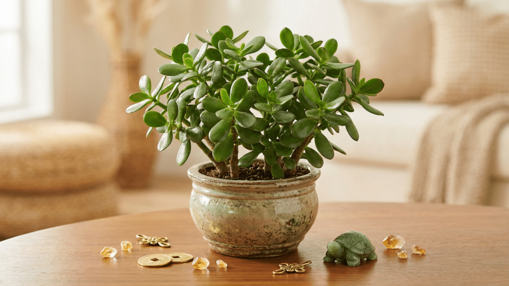 Planta jade em cima da mesa de estar