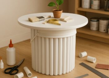 Aprenda a fazer uma mesa barata com balde de tinta e PVC que combina com qualquer ambiente