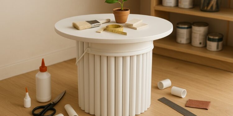 Aprenda a fazer uma mesa barata com balde de tinta e PVC que combina com qualquer ambiente