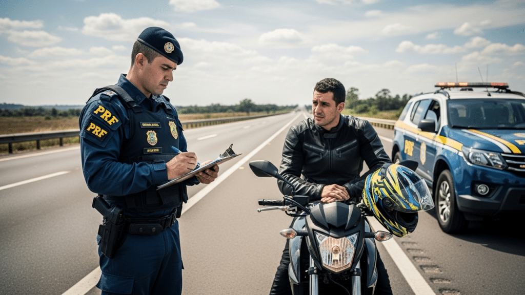 PRF aplicando multa em motociclista na estrada