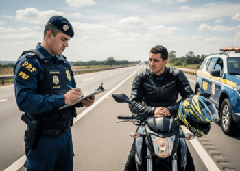 PRF aplicando multa em motociclista na estrada