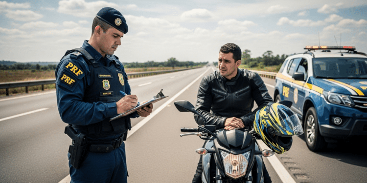 PRF aplicando multa em motociclista na estrada