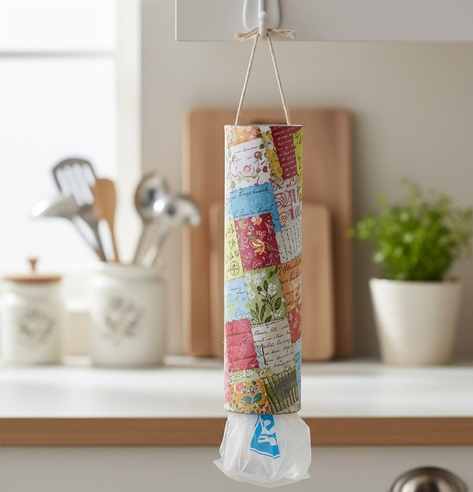 Reaproveitar tubos de papel para guardar sacolas ajuda na organização sem custo e sem bagunça