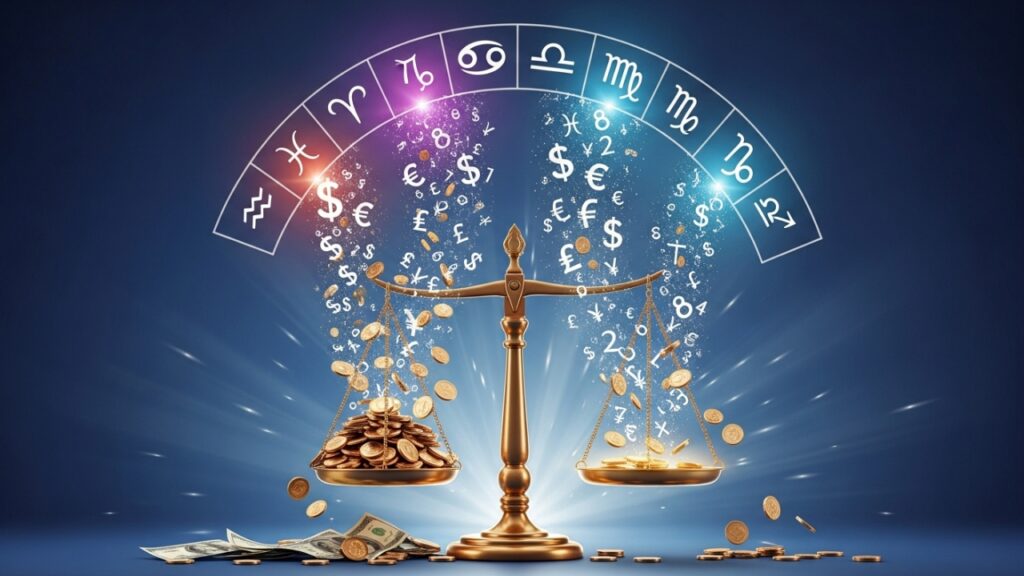 Balança da prosperidade com signos ao redor