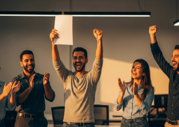 Trabalhadores comemorando ao receber a nova noticia