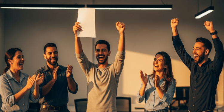 Trabalhadores comemorando ao receber a nova noticia