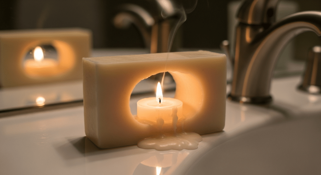 Vela dentro de sabonete na pia do banheiro