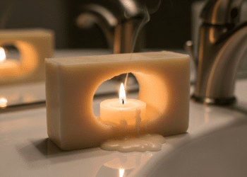 Vela dentro de sabonete na pia do banheiro