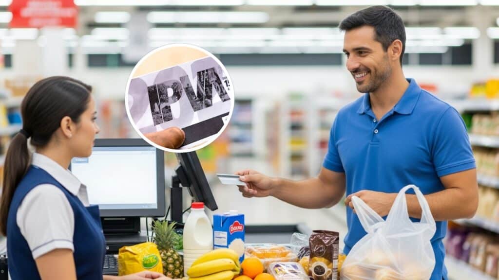 Comprando pagando suas contas no mercado