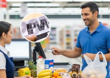 Comprando pagando suas contas no mercado