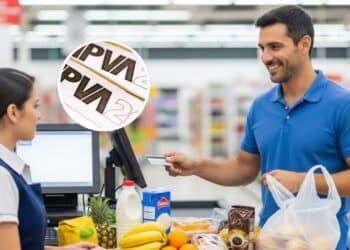 Comprando pagando suas contas no mercado