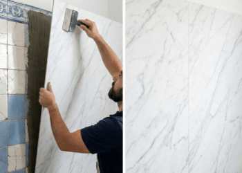 Placas que parecem mármore substituem azulejos e facilitam reformas rápidas em casa