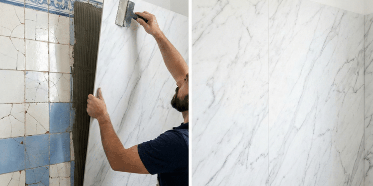 Placas que parecem mármore substituem azulejos e facilitam reformas rápidas em casa