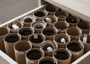 Organize fios e carregadores com tubos de papelão e transforme o que seria lixo em solução criativa