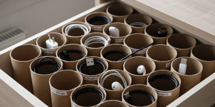 Organize fios e carregadores com tubos de papelão e transforme o que seria lixo em solução criativa