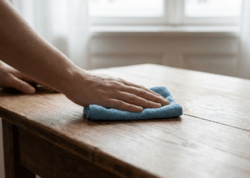 Close-up de mãos limpando um móvel de madeira