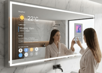 Mulher ajustando o espelho virtual no banheiro