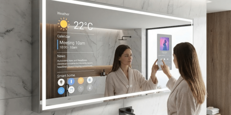 Mulher ajustando o espelho virtual no banheiro