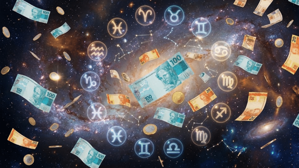 Signos do zodíaco flutuante com notas de dinheiro ao redor