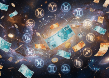 Signos do zodíaco flutuante com notas de dinheiro ao redor