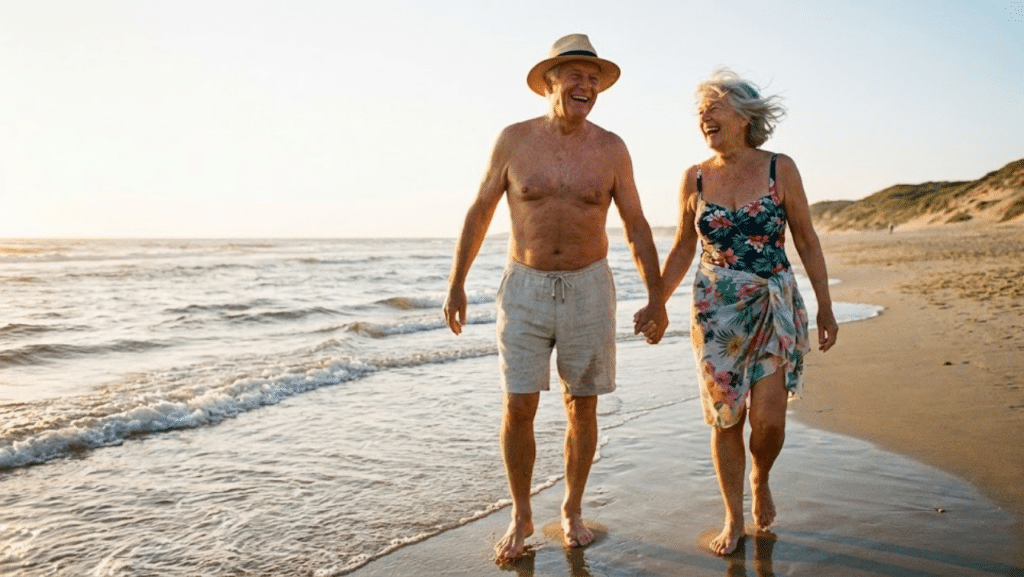 Casal de idosos em viagem na praia