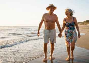 Casal de idosos em viagem na praia