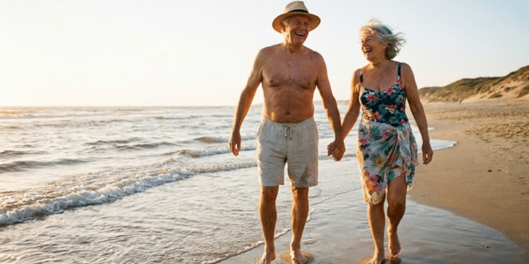 Casal de idosos em viagem na praia