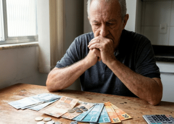 Idoso vendo as notas de dinheiro na mesa