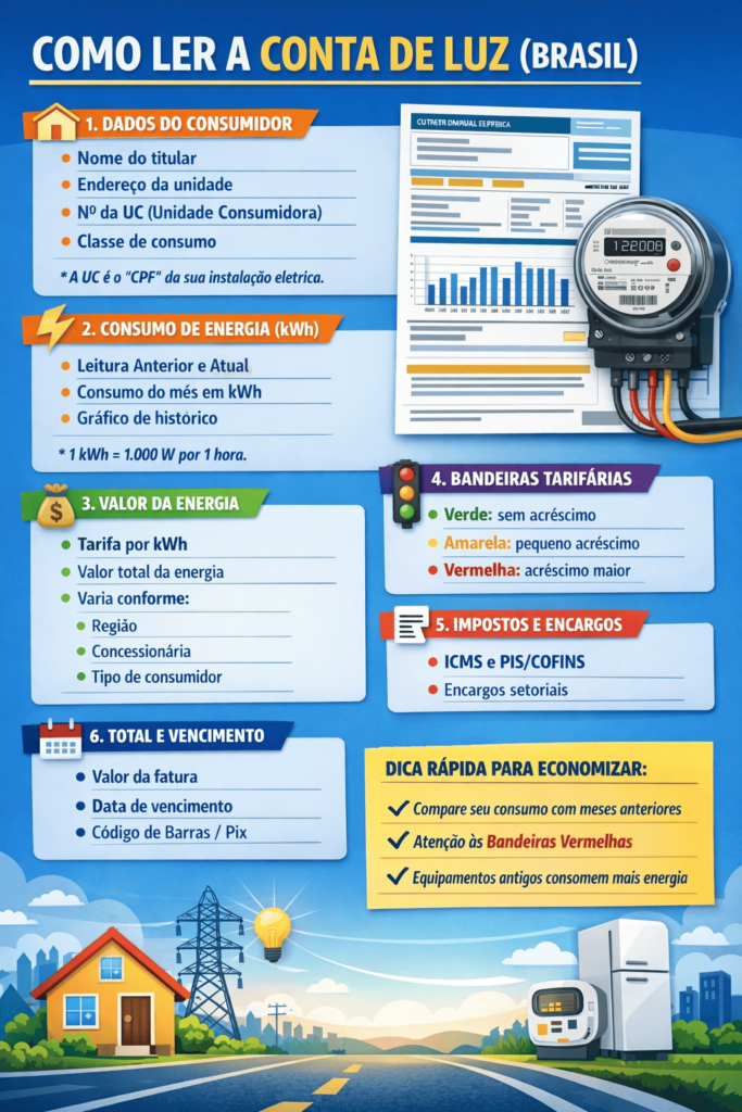 Infográfico explicativo que mostra, de forma simples e visual, os principais elementos da conta de luz no Brasil, ajudando a identificar consumo, tarifas, impostos e o valor final da fatura.