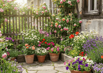 Jardim colorido com diversas plantas