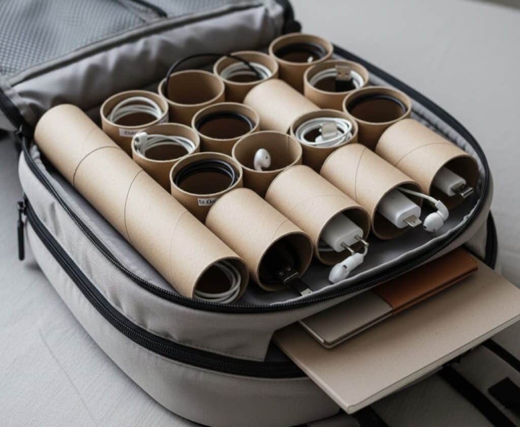 Organize fios e carregadores com tubos de papelão e transforme o que seria lixo em solução criativa