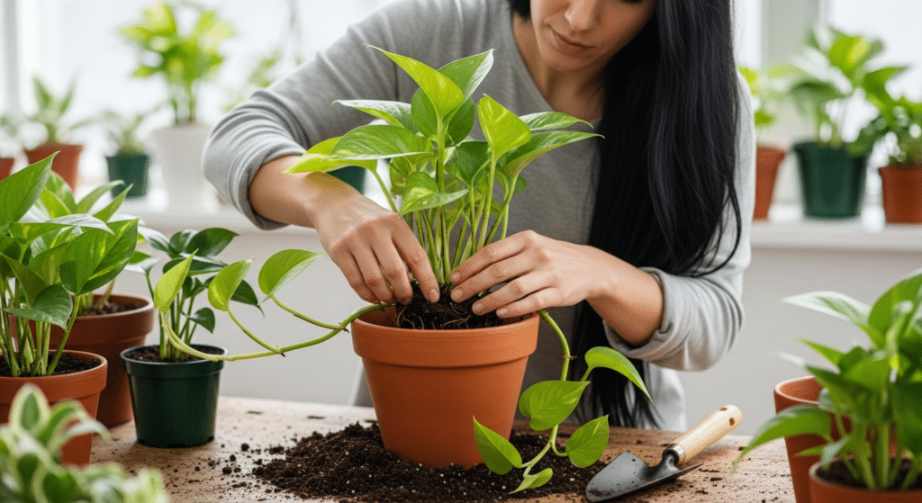 Ajustando a planta jiboia em seu pote