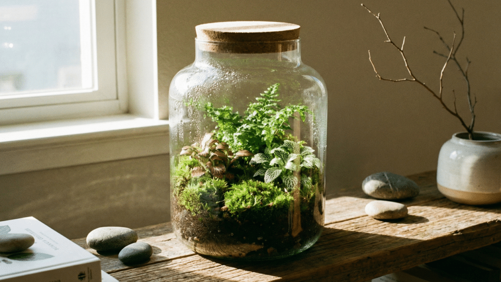 Terrário fechado simples de montar e que se mantém sozinho por muito tempo