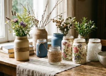 Transforme potes de vidro em vasos decorativos lindos com materiais simples que você já tem em casa