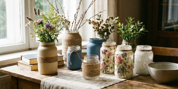 Transforme potes de vidro em vasos decorativos lindos com materiais simples que você já tem em casa