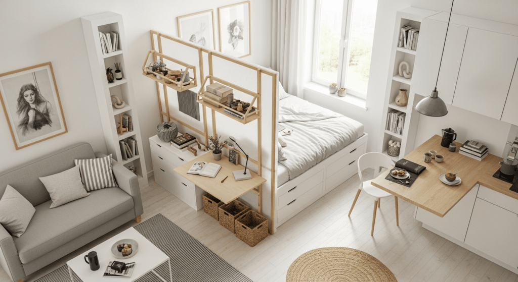 Vista de cima de um apartamento pequeno organizado com técnicas inteligentes. Mostre divisórias leves criando áreas funcionais, cama com gavetas embutidas, cestos decorativos escondendo itens pequenos, uso de nichos verticais e uma mesa dobrável presa à parede. O ambiente deve parecer amplo e arejado, com cores claras e luz natural. Estilo realista, foco na sensação de espaço maximizado por truques simples de organização.