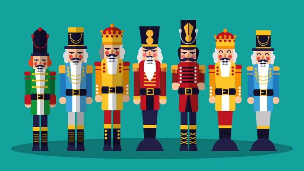 Ilustração de quebra-nozes e outras figuras natalinas