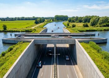 A Ponte do Aqueduto de Veluwemeer que parece desafiar leis da física, tem 25 metros de comprimento e 19 metros de largura e permite a passagem de pequenas embarcações