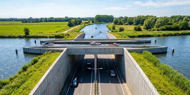 A Ponte do Aqueduto de Veluwemeer que parece desafiar leis da física, tem 25 metros de comprimento e 19 metros de largura e permite a passagem de pequenas embarcações