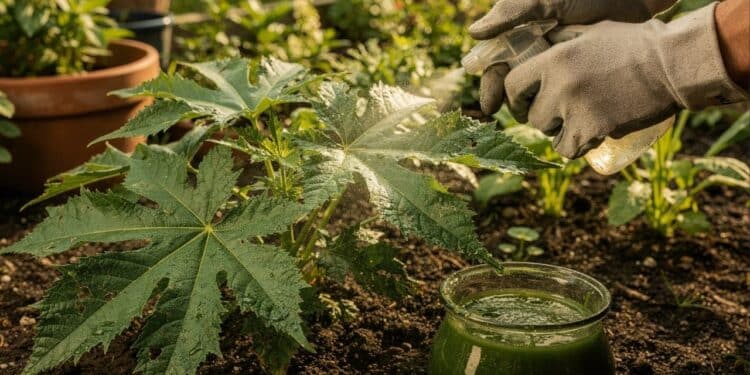 Inseticida natural de mamona com 4 folhas elimina pulgões e lagartas sem veneno no jardim