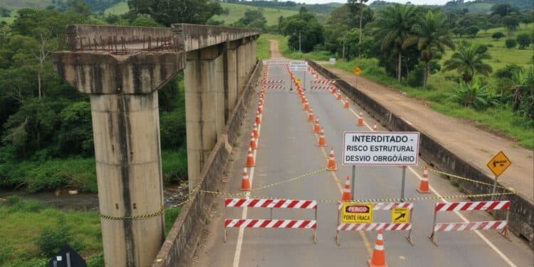Ponte sobre o Ribeirão Carioca é interditada e desvio de 4,3 km muda o tráfego na MG-030