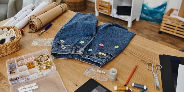 Reaproveitamento criativo de roupas em uma mesa de madeira desorganizada com um conceito ecológico.