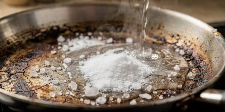 Essa mistura com bicarbonato e sal tira gordura queimada da panela e ainda evita o uso de produtos com cheiro forte