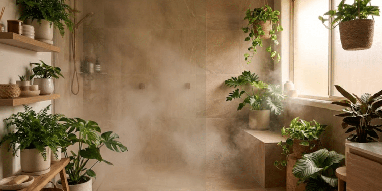 Banheiro com plantas ganha atmosfera de spa natural ao aproveitar o vapor e a umidade do ambiente
