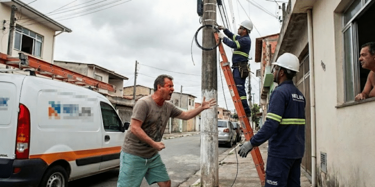 Homem discutindo com técnicos por cortarem sua internet