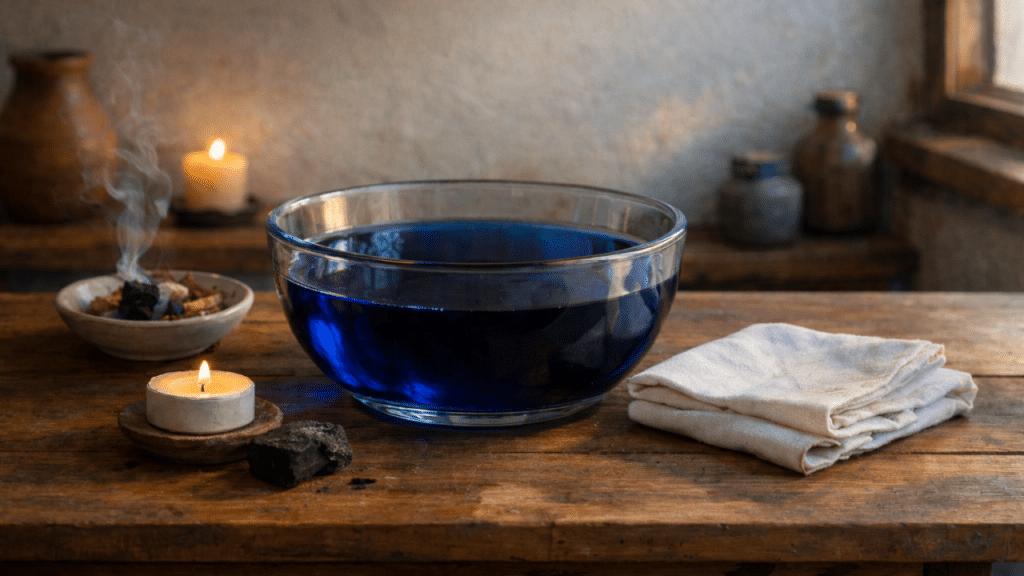 Limpeza com anil ganha destaque em rituais espirituais populares por seu simbolismo de purificação do ambiente doméstico