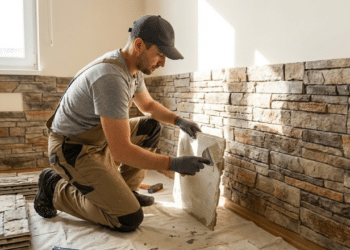 Homem fazendo instalação e aplicando as pedra de poliuretano na parede