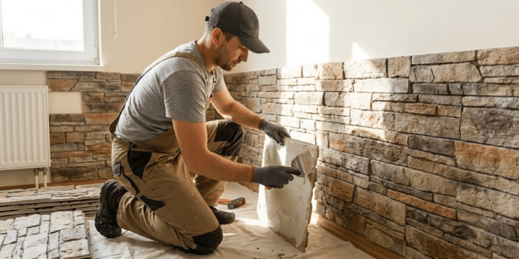 Homem fazendo instalação e aplicando as pedra de poliuretano na parede